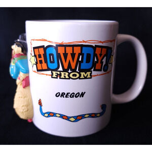 Vintage Howdy Cowboy From Oregon State Ceramic Souvenir Coffee White Mug Western